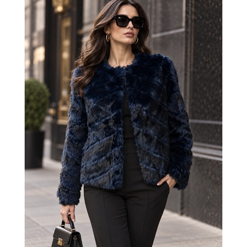 Belle Vere Navy Blue Faux Fur Jacket Collarless Plush Evening Jacket